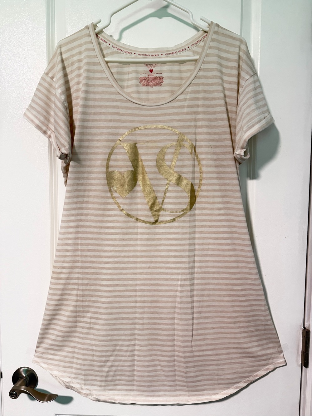 Victoria's Secret Cream & Beige Striped Night Tee w/VS Gold Logo
